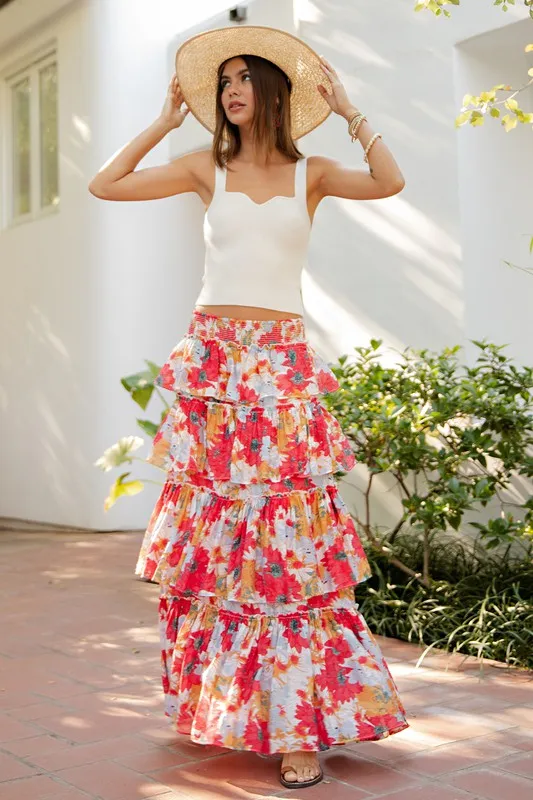 Tomato Floral Tiered Maxi Skirt