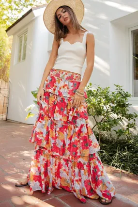 Tomato Floral Tiered Maxi Skirt