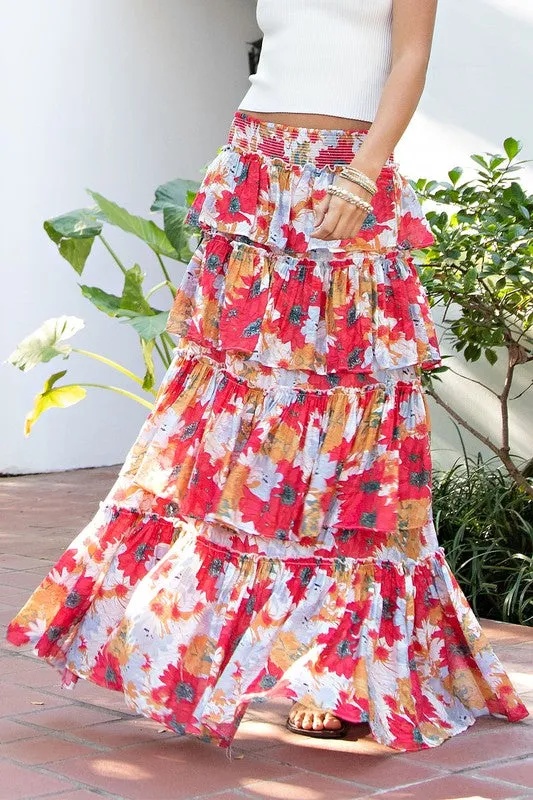 Tomato Floral Tiered Maxi Skirt