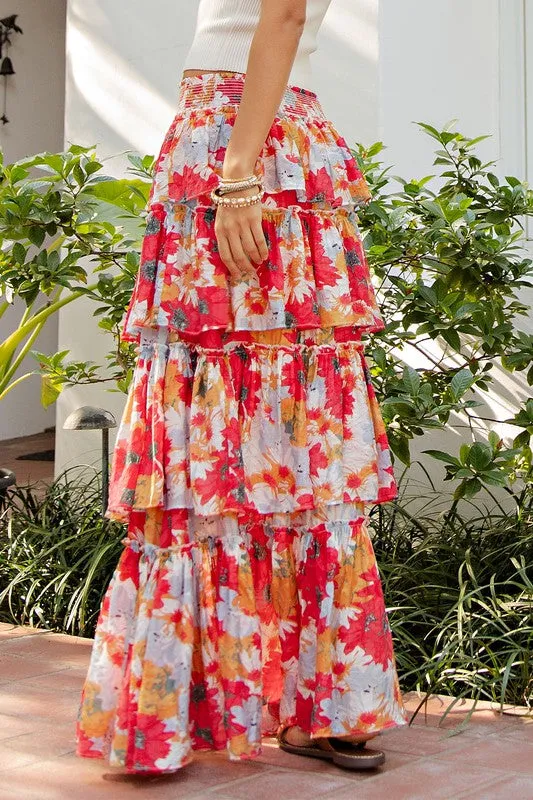 Tomato Floral Tiered Maxi Skirt