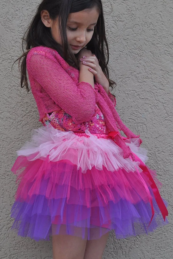 Tulle Tutu Layered Skirt with Ribbon Bow & Elastic Waistband