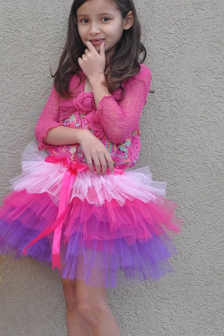 Tulle Tutu Layered Skirt with Ribbon Bow & Elastic Waistband