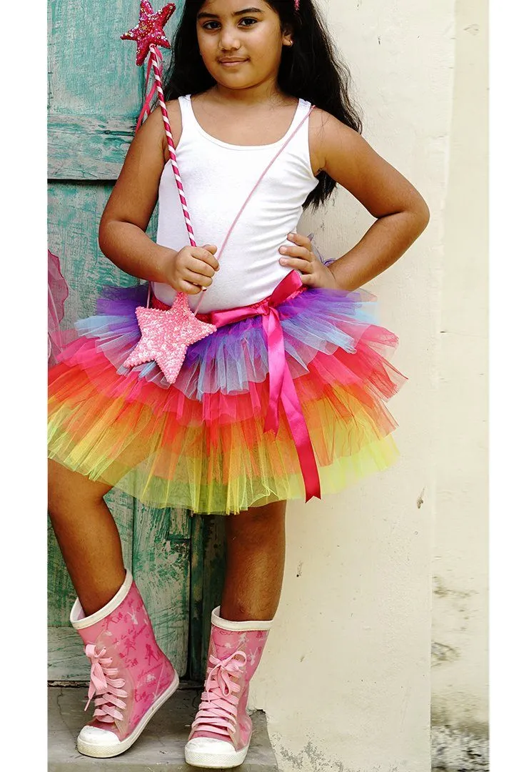 Tulle Tutu Layered Skirt with Ribbon Bow & Elastic Waistband