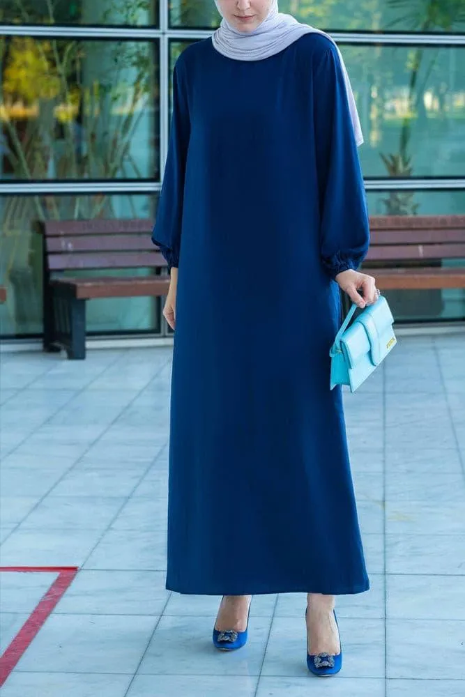 Umah maxi abaya dress with detached apron elasticated sleeve like tie waist piece in satin dark blue