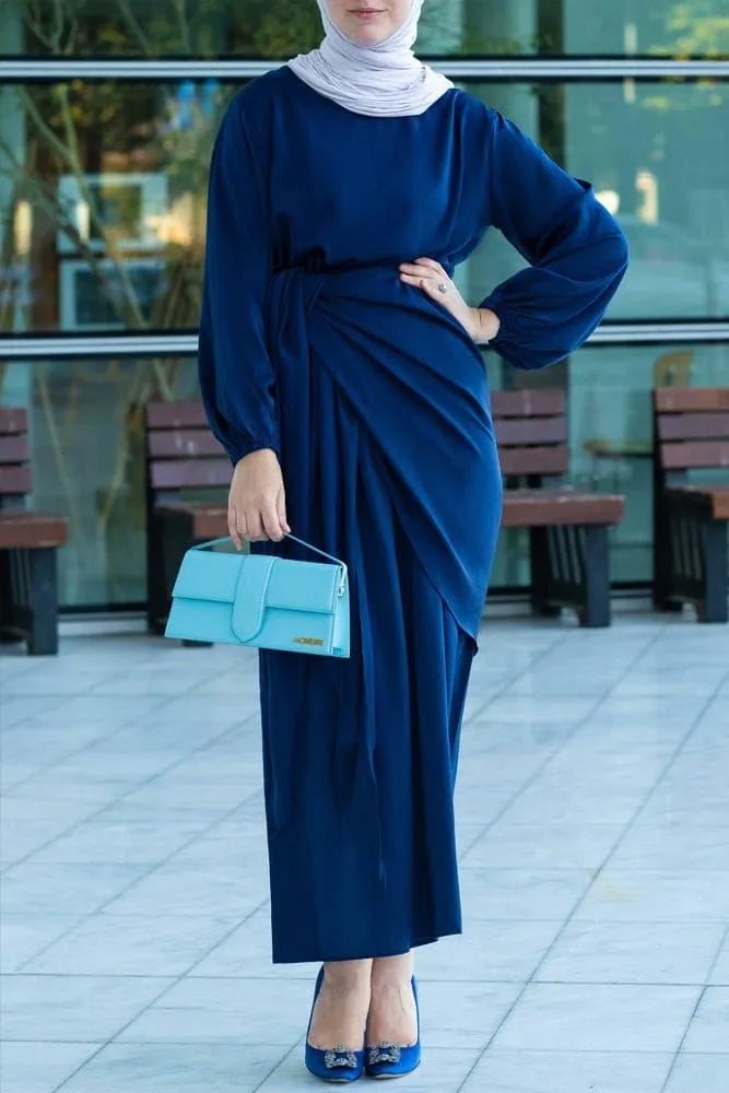 Umah maxi abaya dress with detached apron elasticated sleeve like tie waist piece in satin dark blue