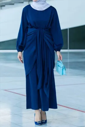 Umah maxi abaya dress with detached apron elasticated sleeve like tie waist piece in satin dark blue