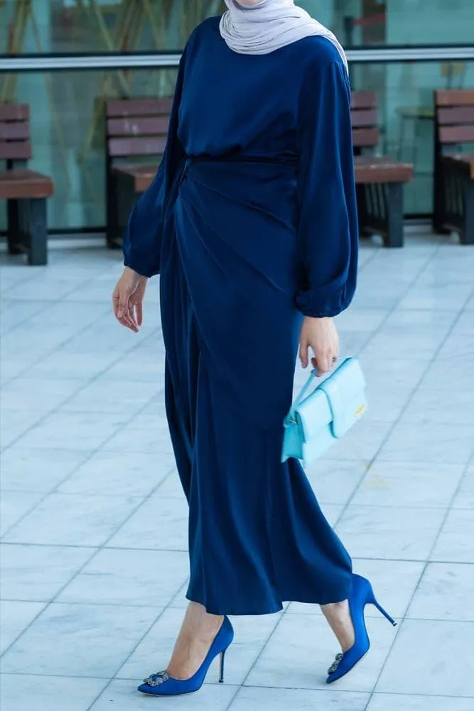 Umah maxi abaya dress with detached apron elasticated sleeve like tie waist piece in satin dark blue