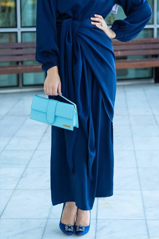 Umah maxi abaya dress with detached apron elasticated sleeve like tie waist piece in satin dark blue