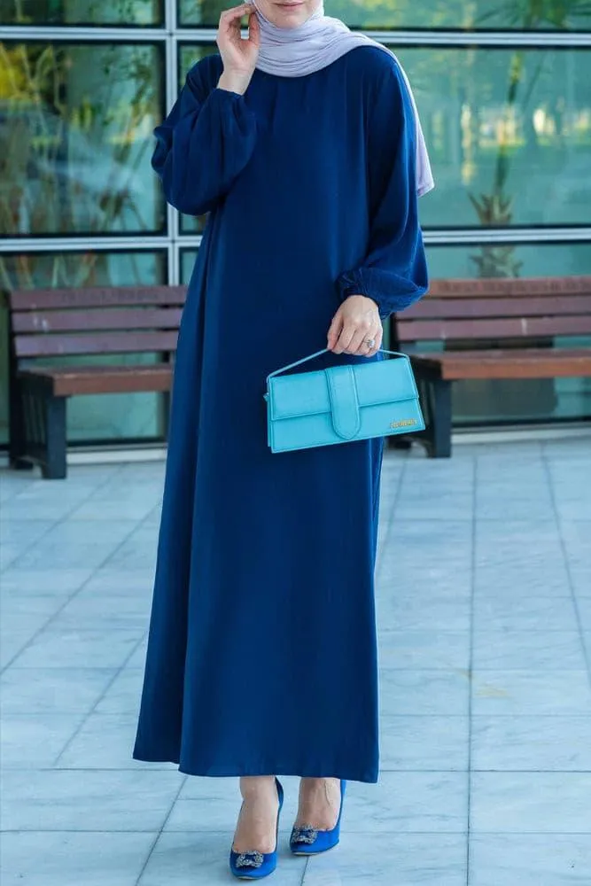 Umah maxi abaya dress with detached apron elasticated sleeve like tie waist piece in satin dark blue