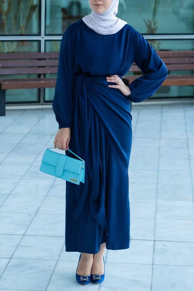 Umah maxi abaya dress with detached apron elasticated sleeve like tie waist piece in satin dark blue