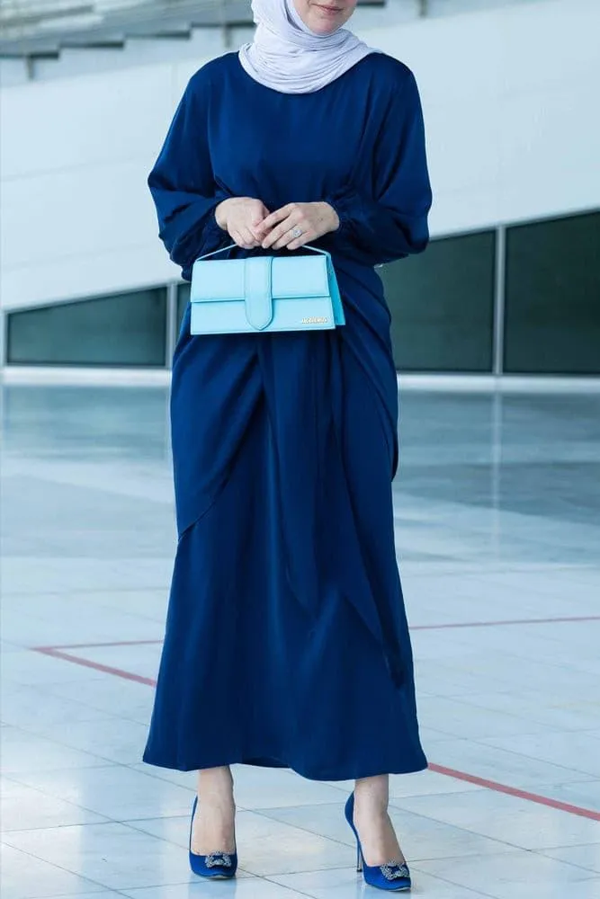 Umah maxi abaya dress with detached apron elasticated sleeve like tie waist piece in satin dark blue