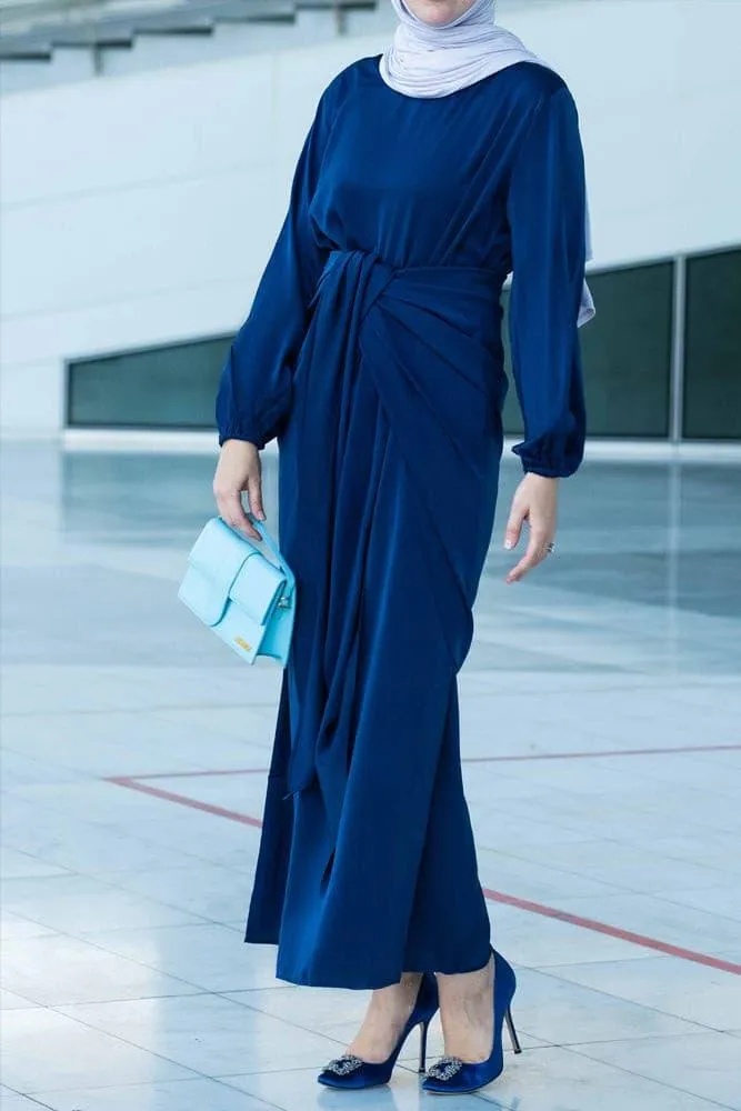 Umah maxi abaya dress with detached apron elasticated sleeve like tie waist piece in satin dark blue