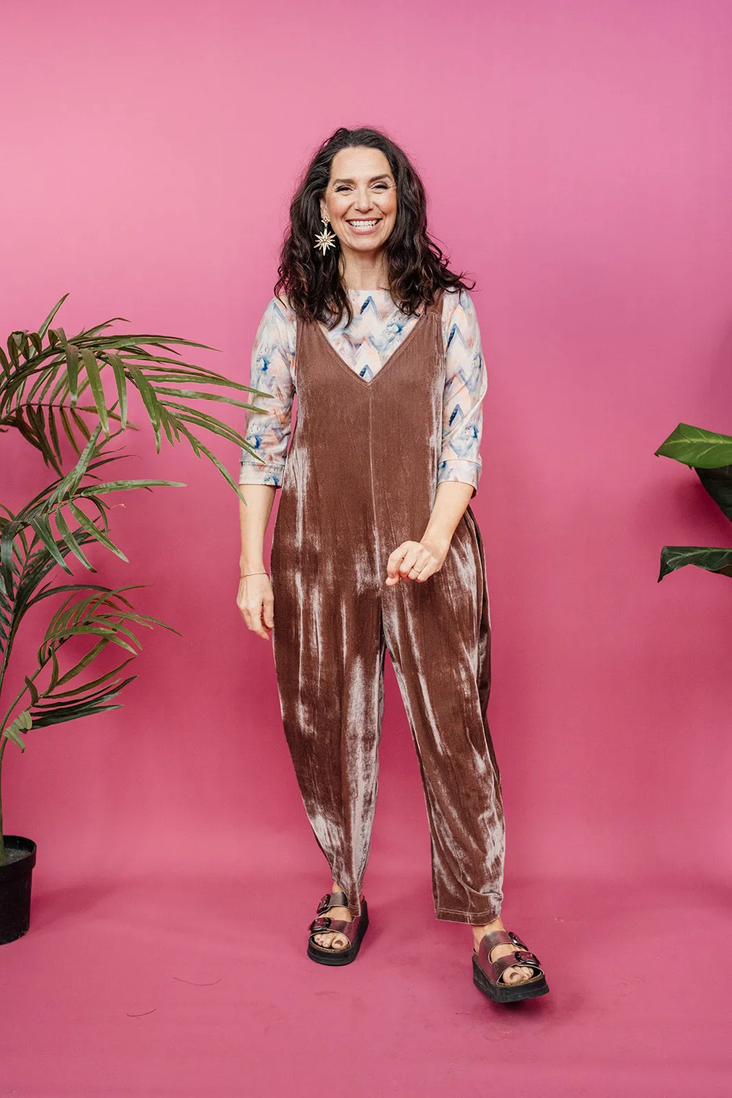 Velvet Dungaree Jumpsuit in Mushroom