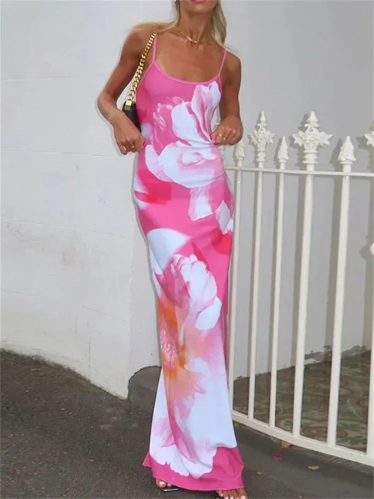 Vibrant Flower Backless Spaghetti Strap Slim-fit Women's Maxi Dresses