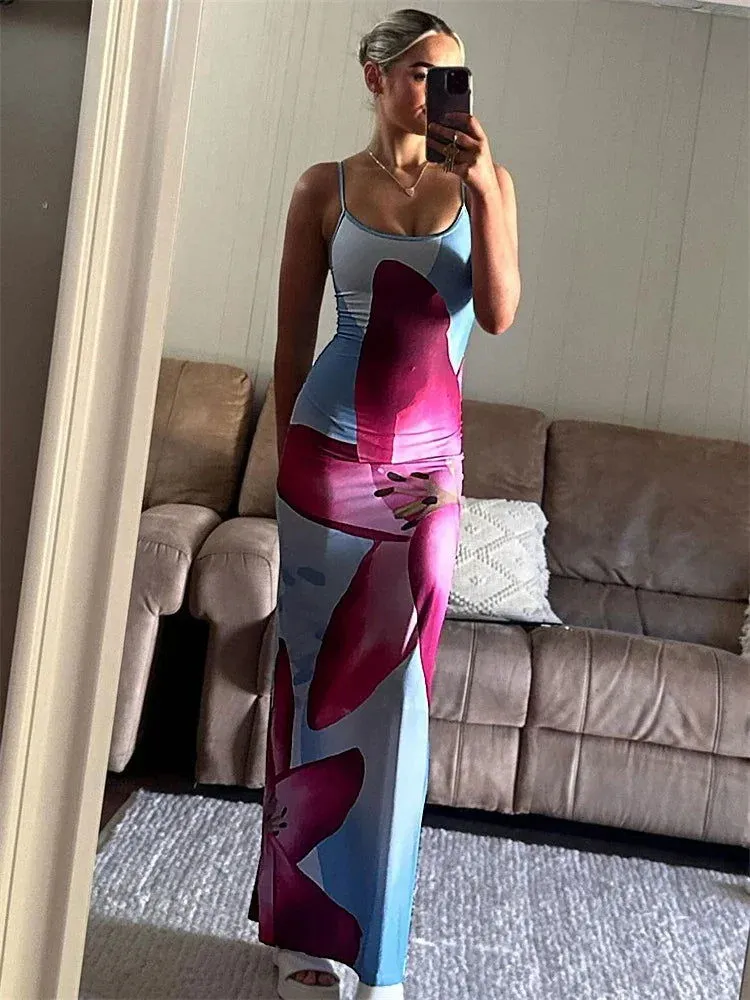 Vibrant Flower Backless Spaghetti Strap Slim-fit Women's Maxi Dresses