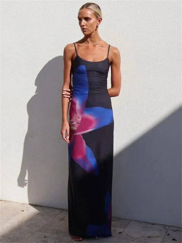 Vibrant Flower Backless Spaghetti Strap Slim-fit Women's Maxi Dresses