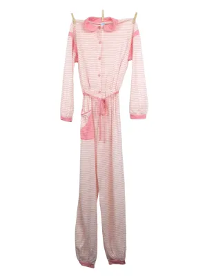 Vintage 70s Mod Hippie Chic Pastel Pink & White Striped Collared Long Sleeve Button Up Jumpsuit with Waist Tie | Size XS