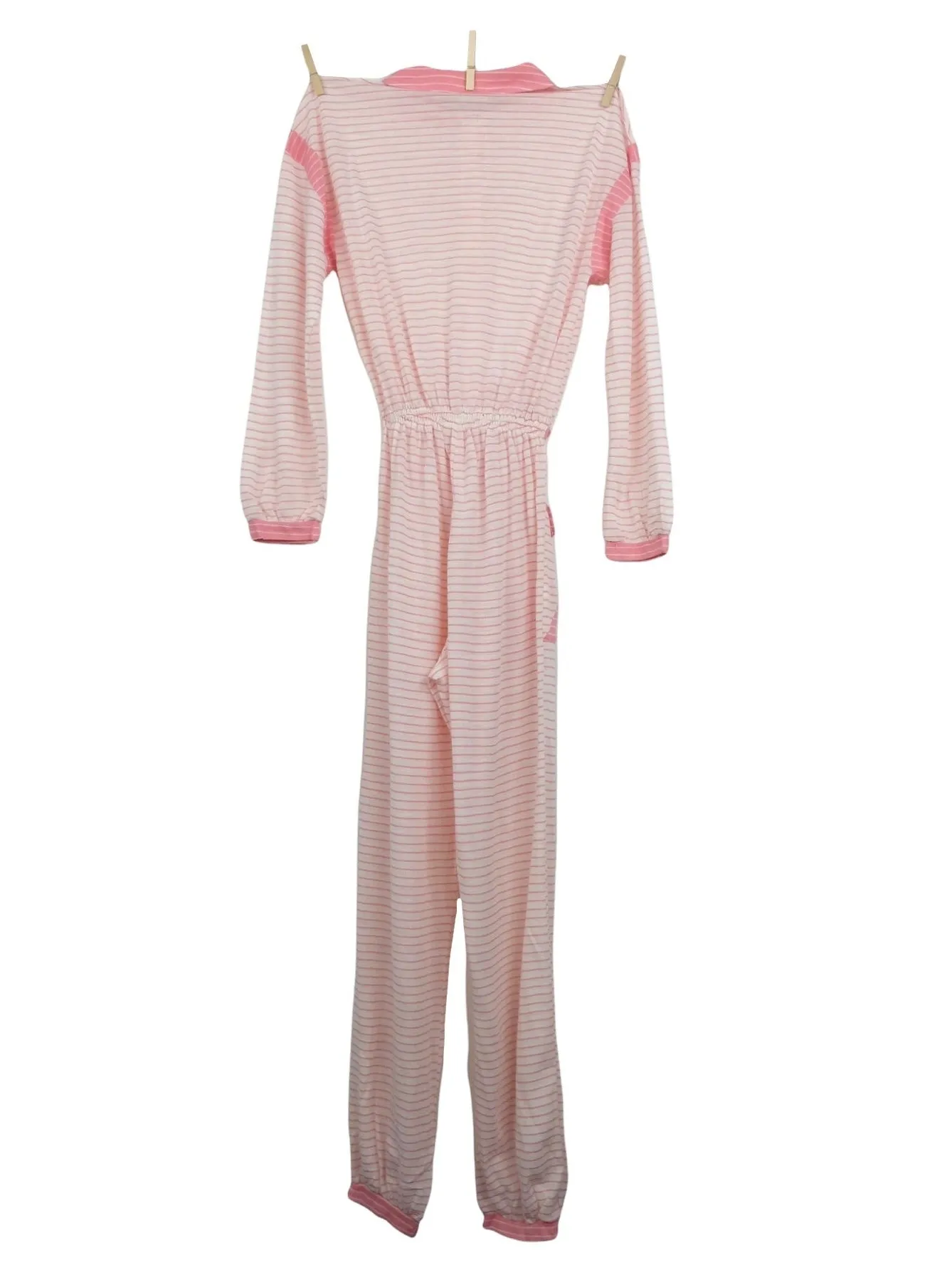 Vintage 70s Mod Hippie Chic Pastel Pink & White Striped Collared Long Sleeve Button Up Jumpsuit with Waist Tie | Size XS