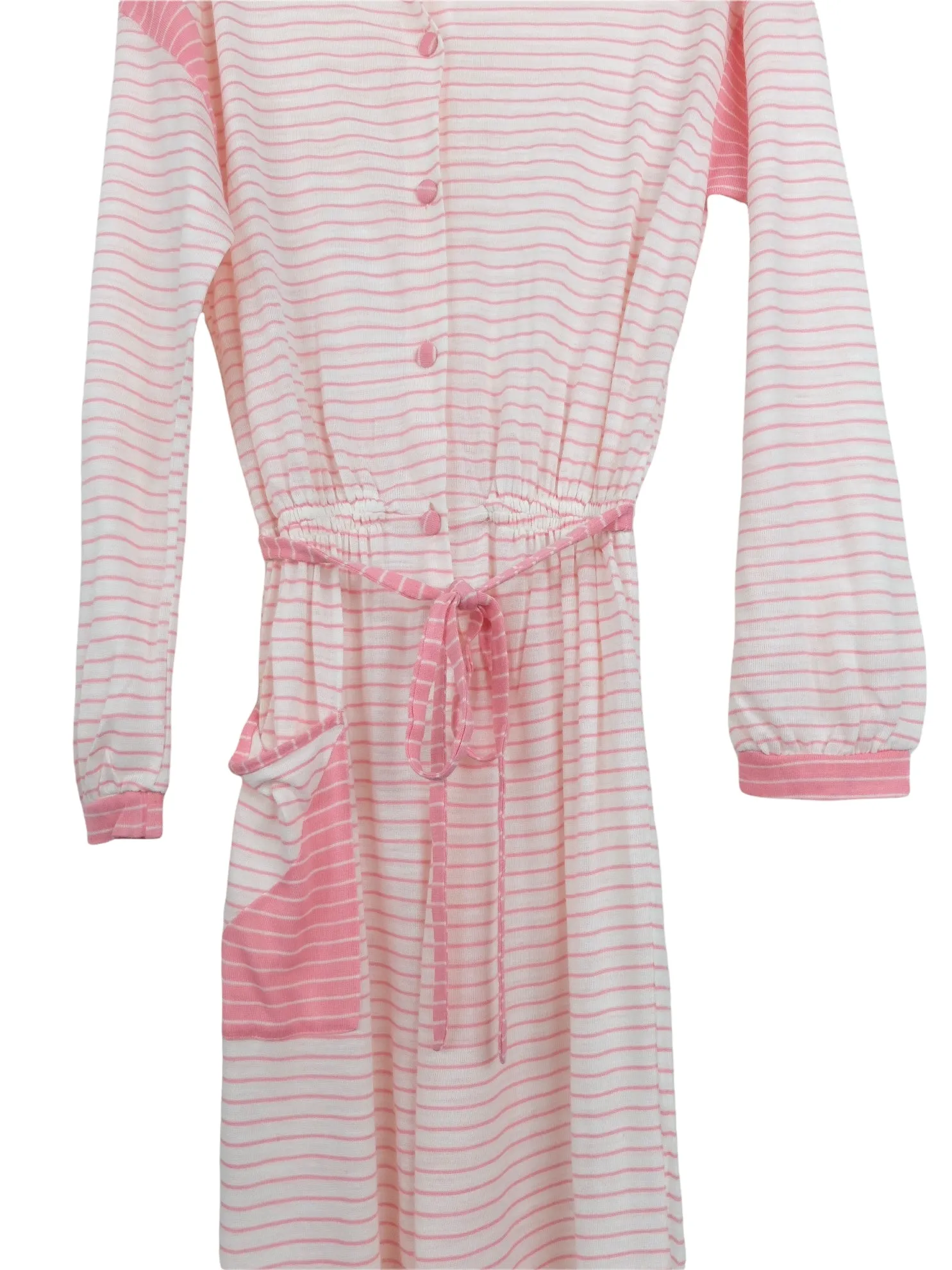 Vintage 70s Mod Hippie Chic Pastel Pink & White Striped Collared Long Sleeve Button Up Jumpsuit with Waist Tie | Size XS