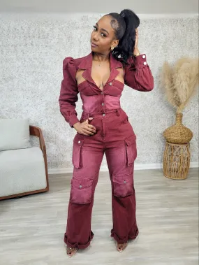 Vintage Cargo Jumpsuit (Burgundy)