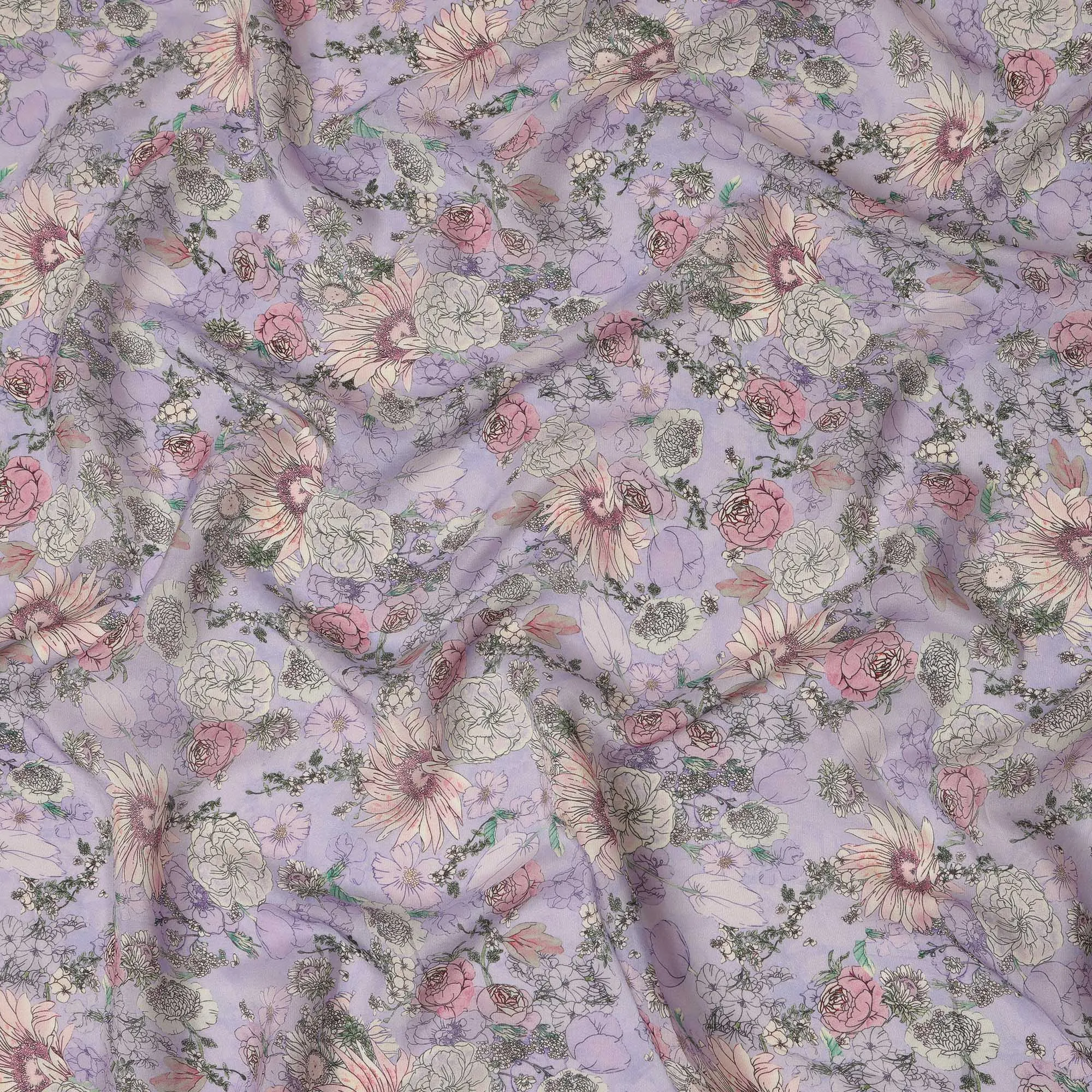 Viscose Crepe Fabric - Delicate Pastel Floral on Lavender, 110 cm Width-D20660