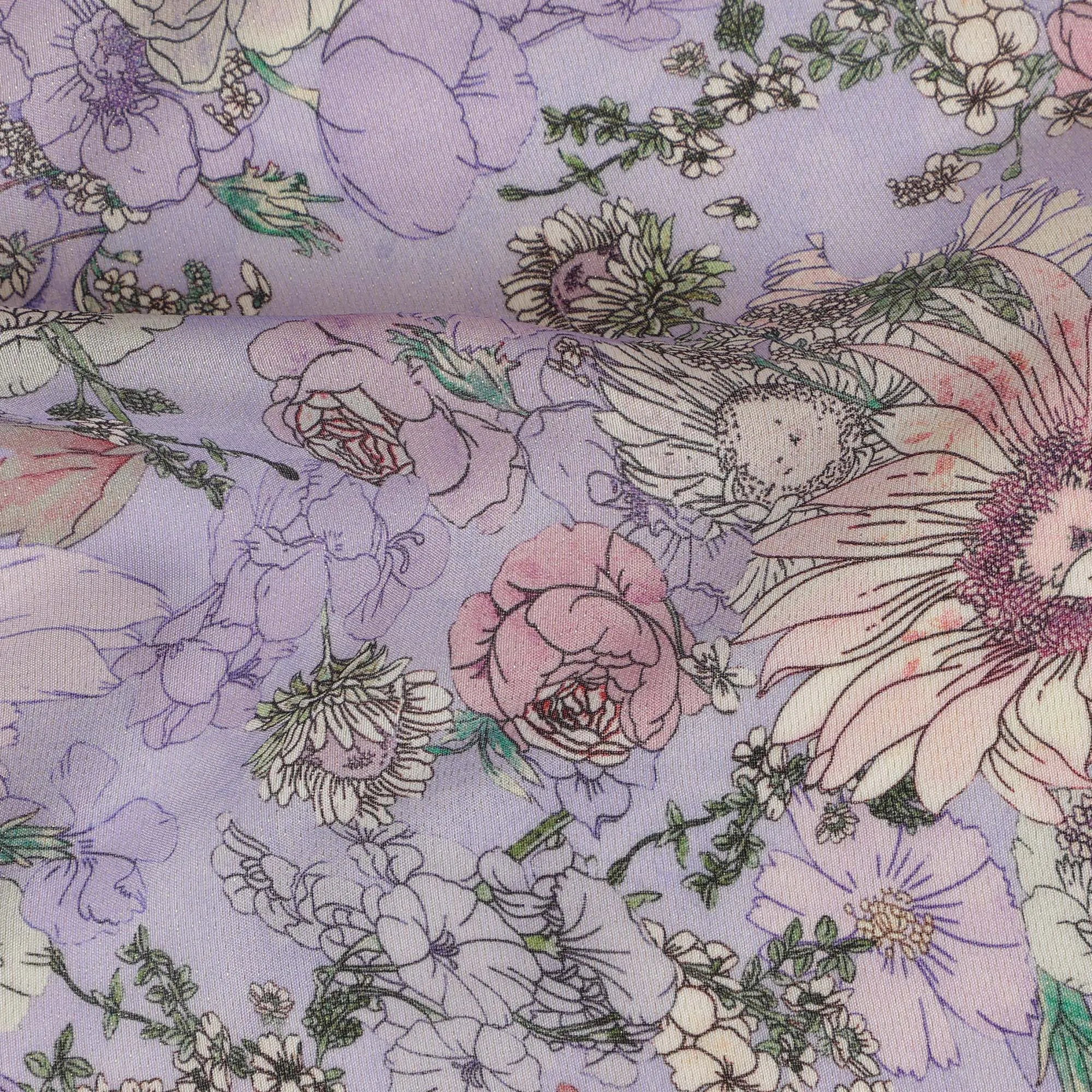 Viscose Crepe Fabric - Delicate Pastel Floral on Lavender, 110 cm Width-D20660