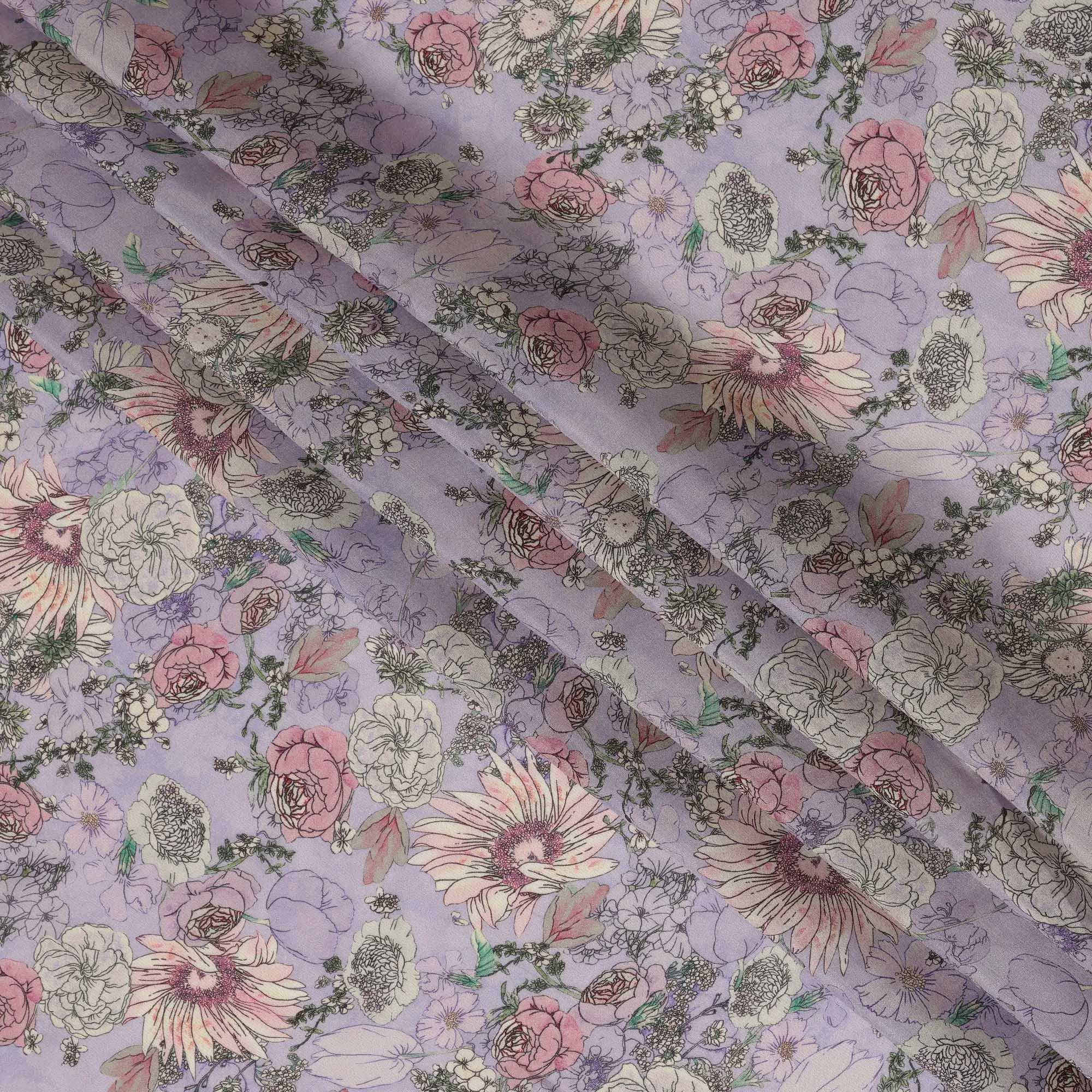 Viscose Crepe Fabric - Delicate Pastel Floral on Lavender, 110 cm Width-D20660