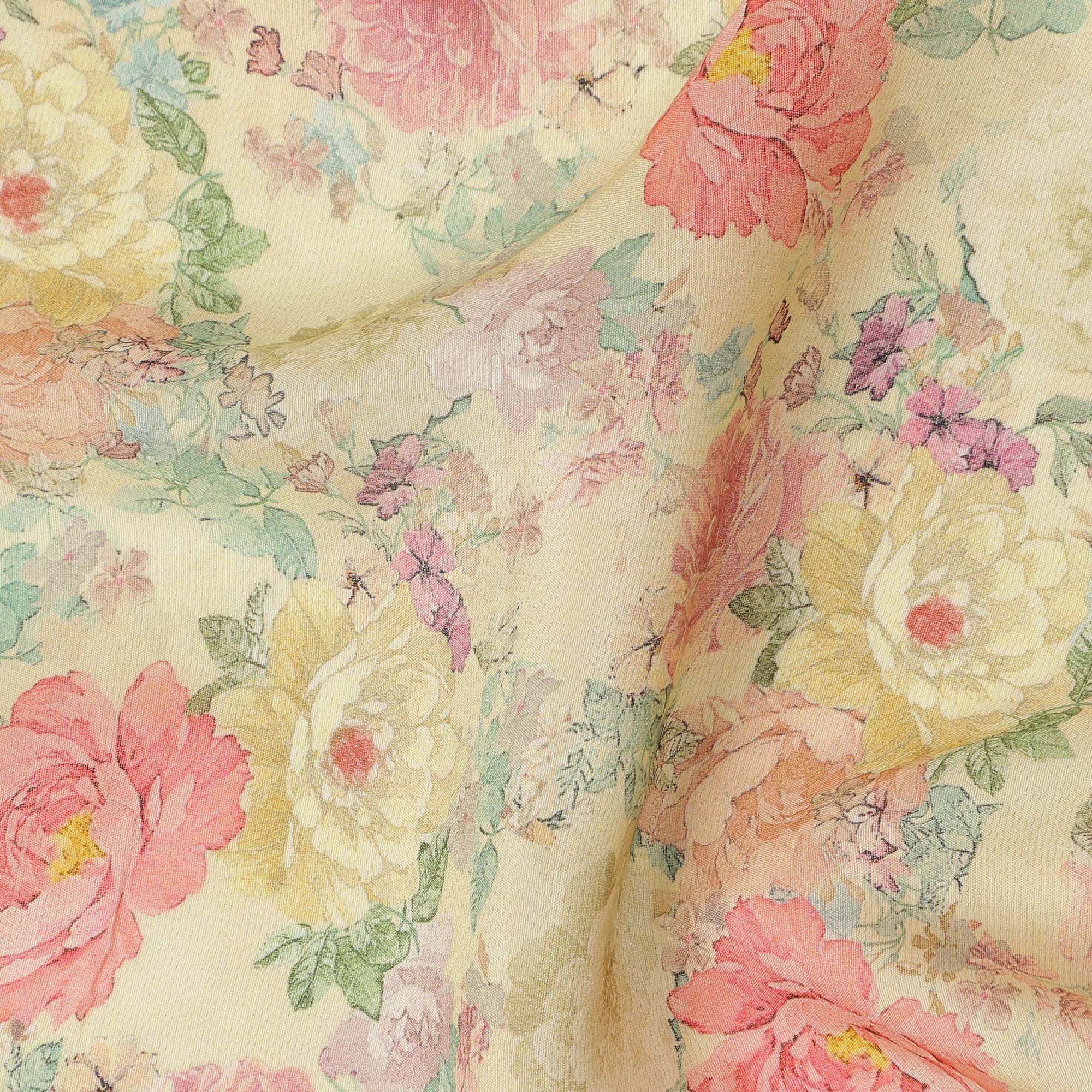 Viscose Crepe Fabric with Stone Work - Pastel Floral on Light Yellow, 110 cm Width-D20664