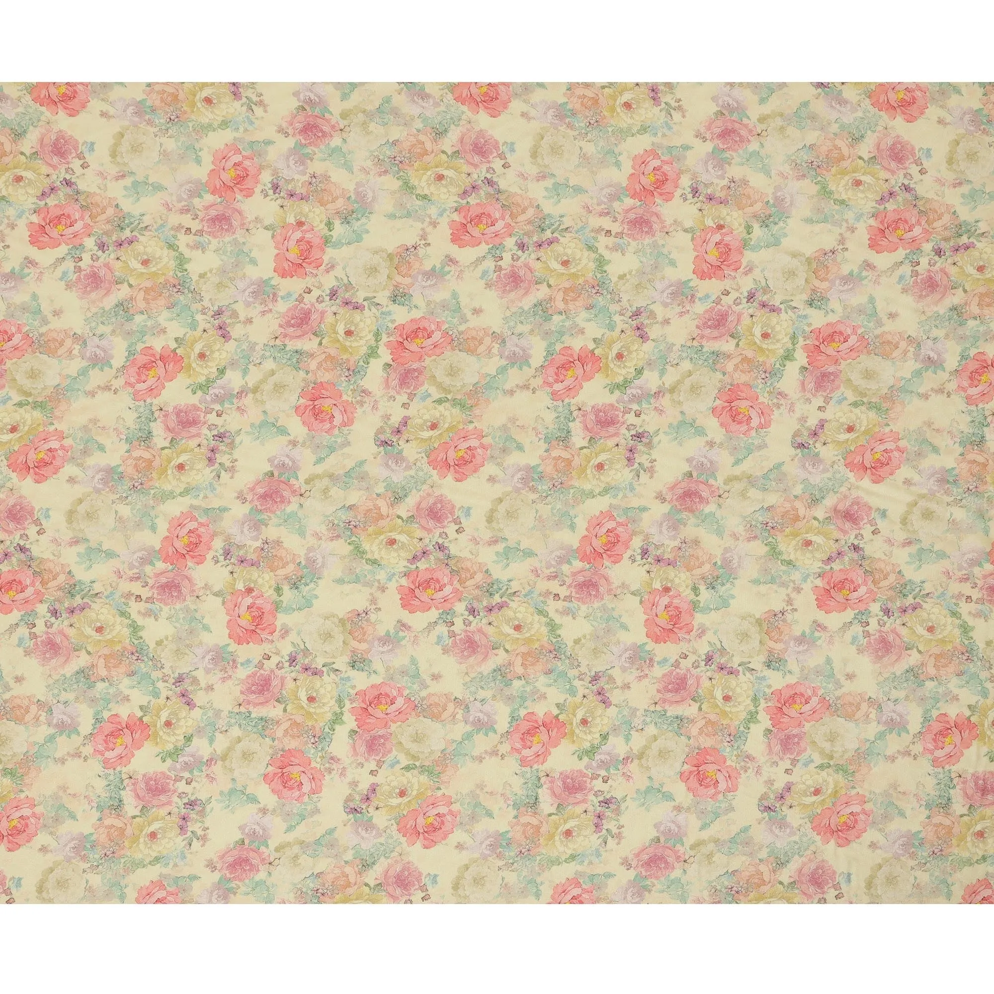 Viscose Crepe Fabric with Stone Work - Pastel Floral on Light Yellow, 110 cm Width-D20664