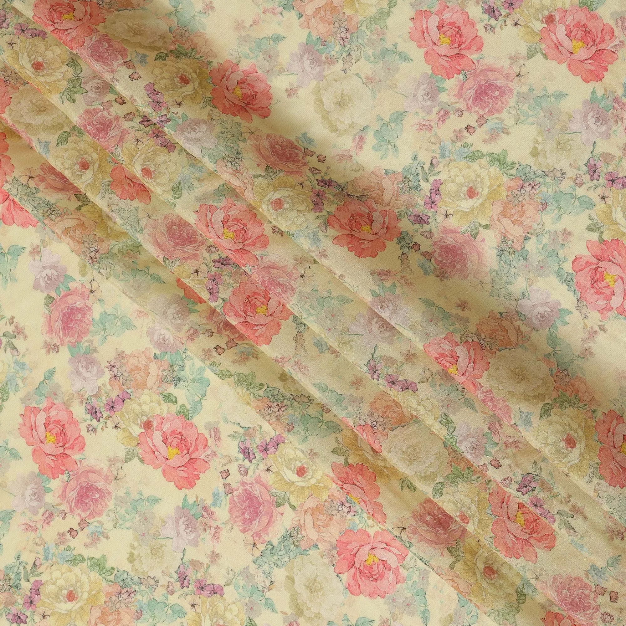 Viscose Crepe Fabric with Stone Work - Pastel Floral on Light Yellow, 110 cm Width-D20664