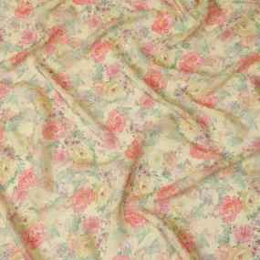 Viscose Crepe Fabric with Stone Work - Pastel Floral on Light Yellow, 110 cm Width-D20664