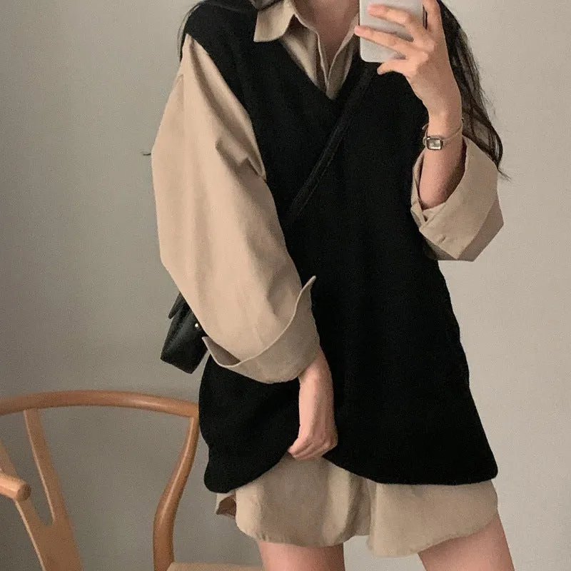 Wenkouban fall outfits 2024 Chic Autumn Simple All-Match V-neck Solid Color Pullover Mid-Length Knitted Vest for Women