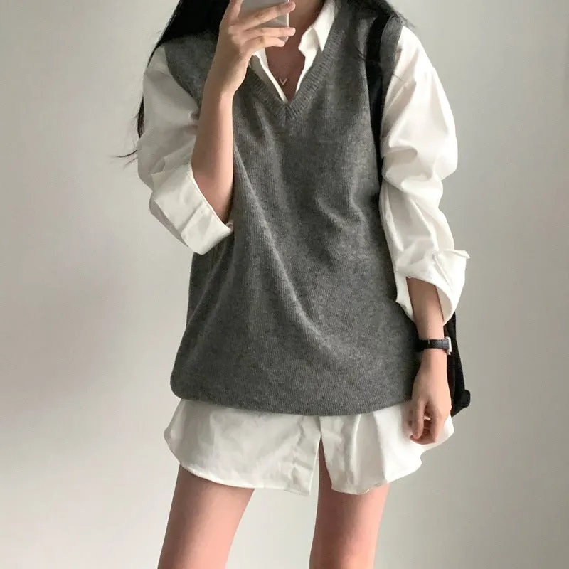 Wenkouban fall outfits 2024 Chic Autumn Simple All-Match V-neck Solid Color Pullover Mid-Length Knitted Vest for Women