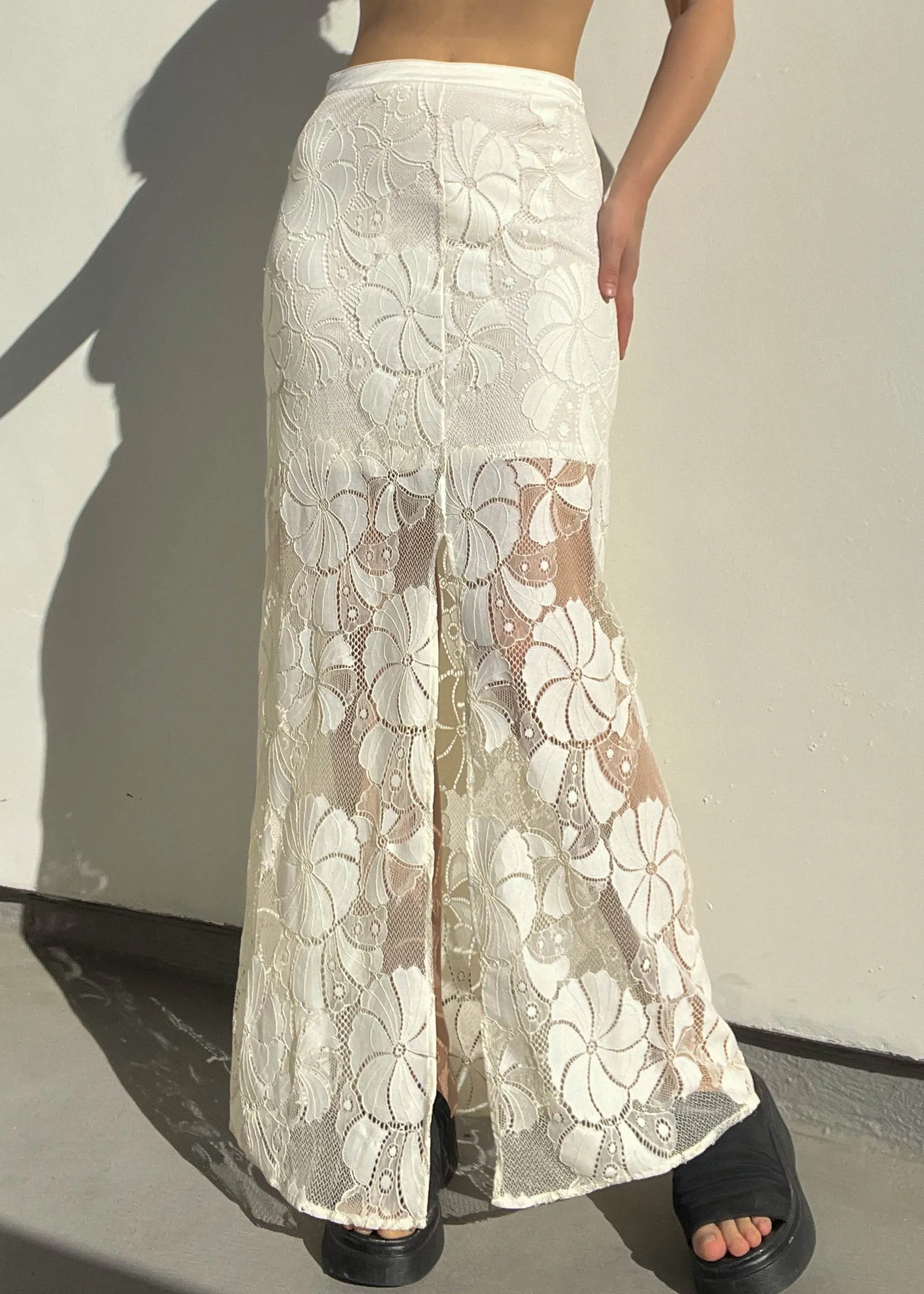 White Floral Lace Maxi Skirt (S)