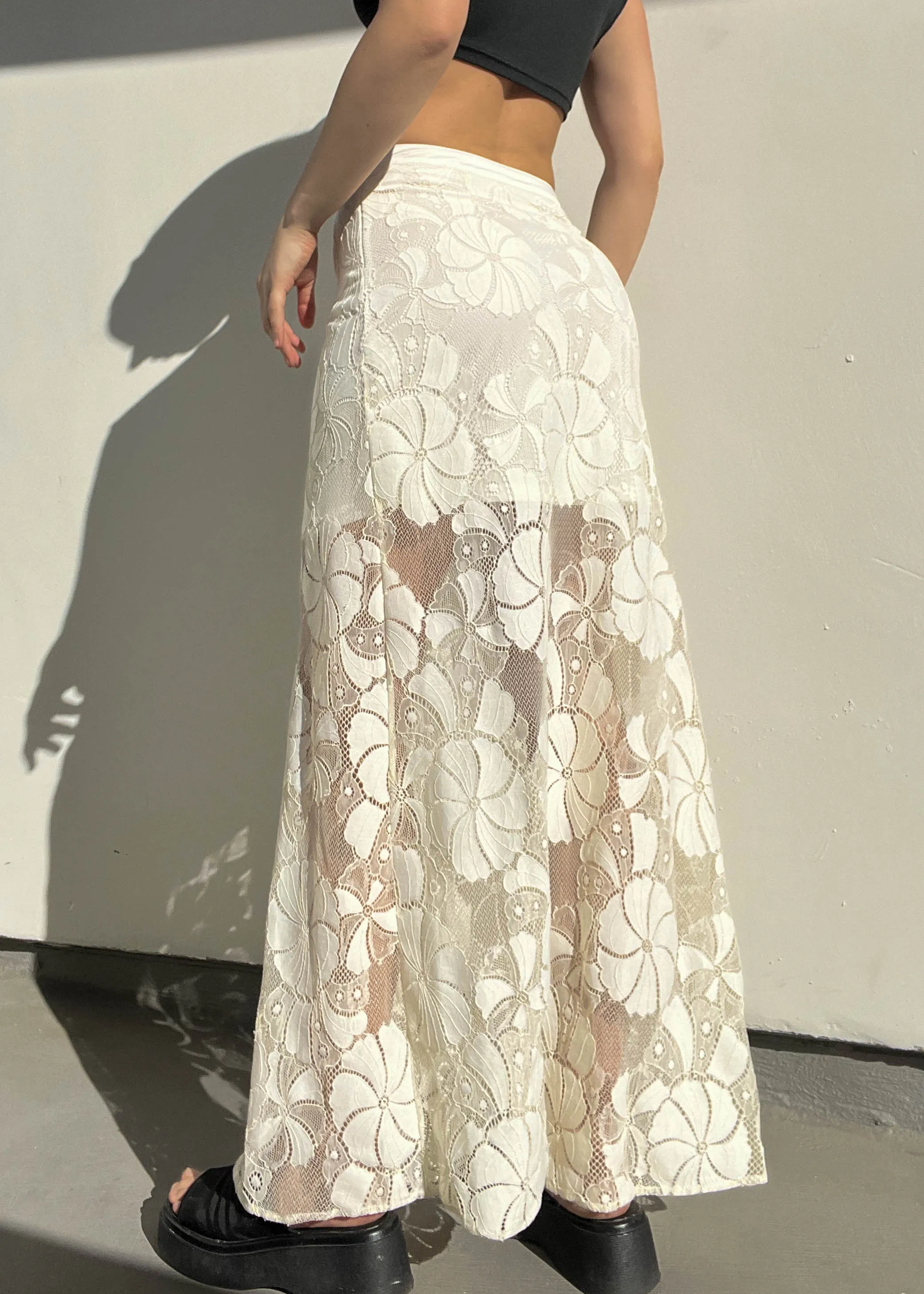 White Floral Lace Maxi Skirt (S)