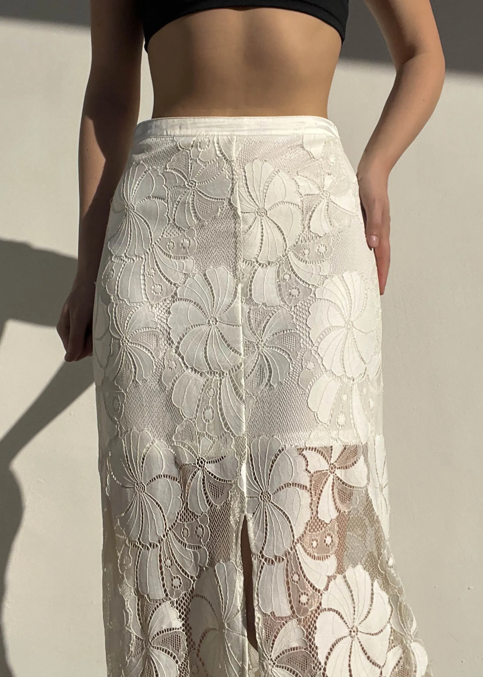 White Floral Lace Maxi Skirt (S)