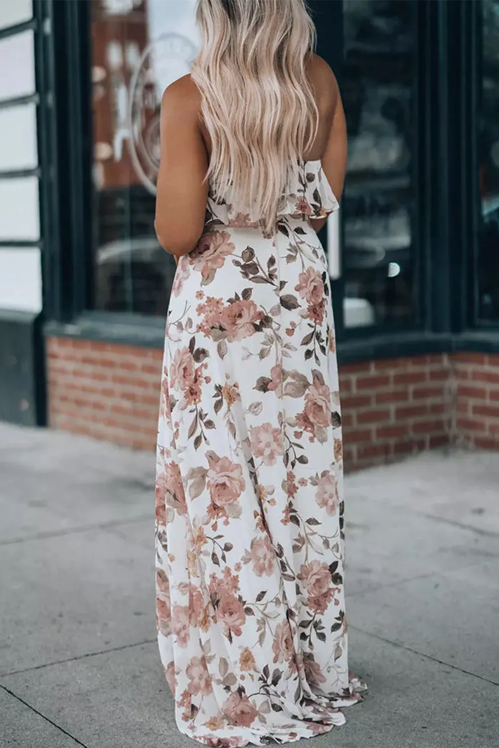 White Floral Slit Ruffled Halterneck Maxi Dress