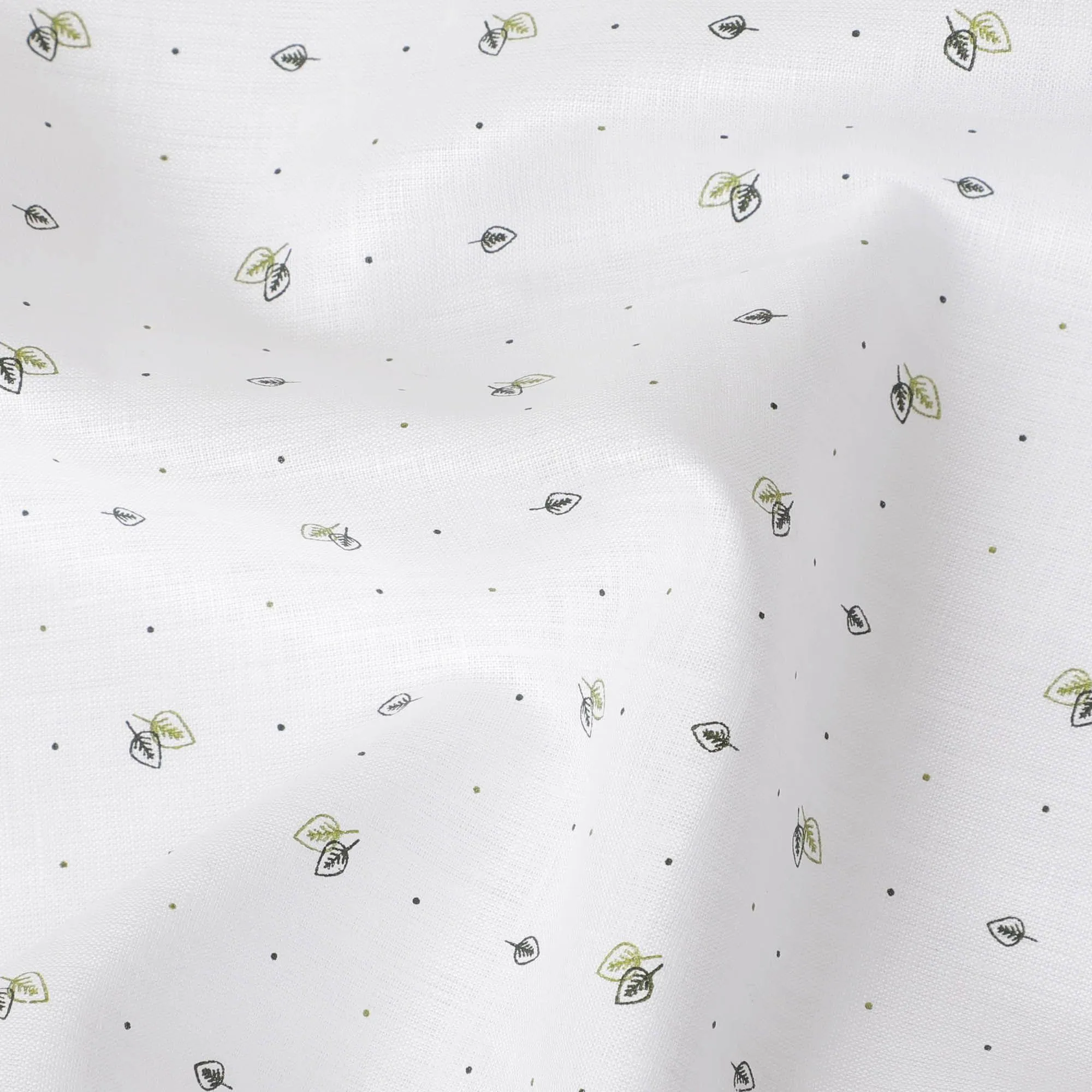 White Premium 100% Pure linen fabric with pastel green and black print in floral design-D10764