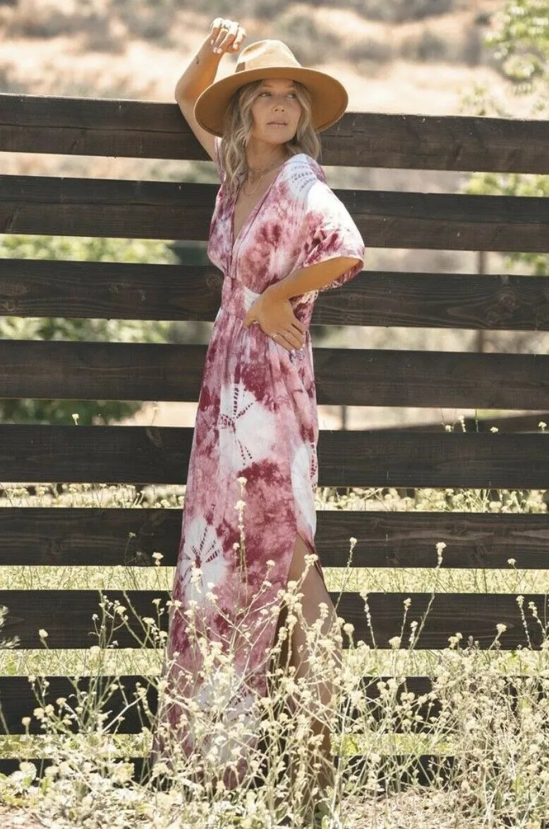 Wine Kimono Tie Dye Boho Relaxed Maxi V-Neck Casual Dress Womens