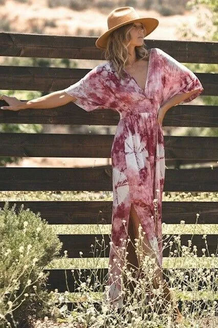 Wine Kimono Tie Dye Boho Relaxed Maxi V-Neck Casual Dress Womens