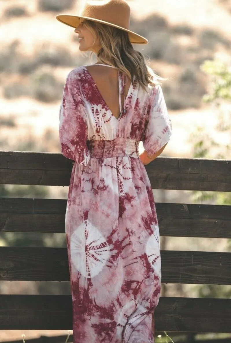 Wine Kimono Tie Dye Boho Relaxed Maxi V-Neck Casual Dress Womens