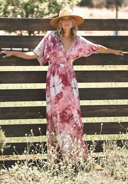 Wine Kimono Tie Dye Boho Relaxed Maxi V-Neck Casual Dress Womens