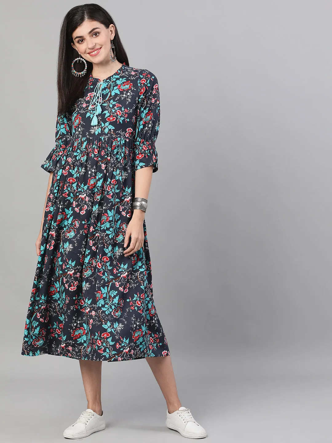 Women Indigo And Maroon Shirt Collar Fit & Flare Dress With Cuffed Sleeves