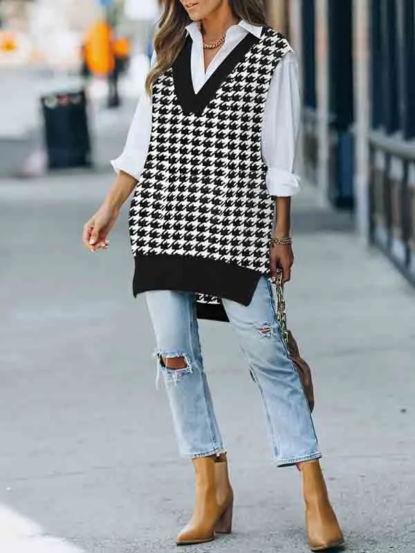 Women's V Neck Knitted Plaid Oversized Houndstooth Sweater Vest