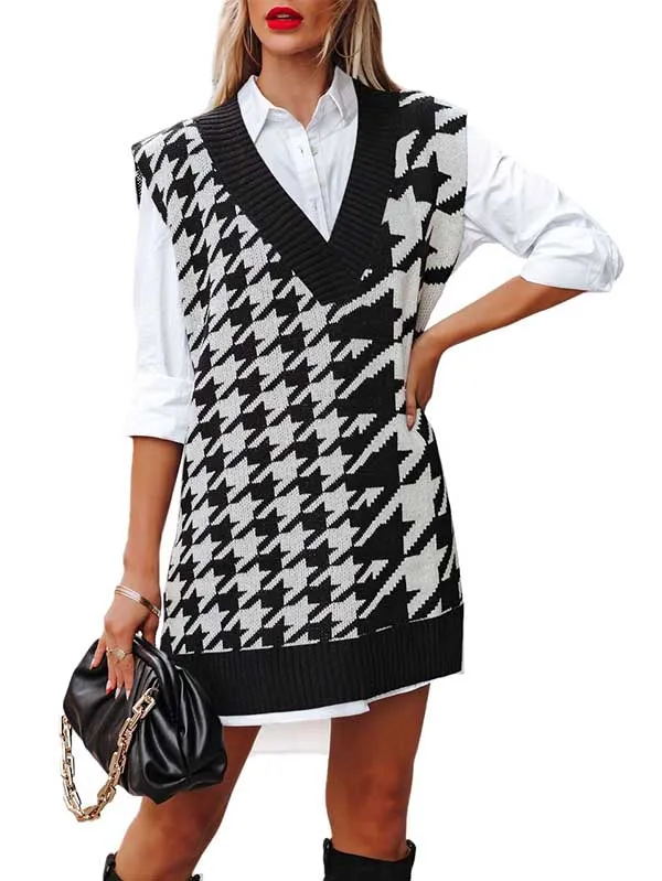 Women's V Neck Knitted Plaid Oversized Houndstooth Sweater Vest