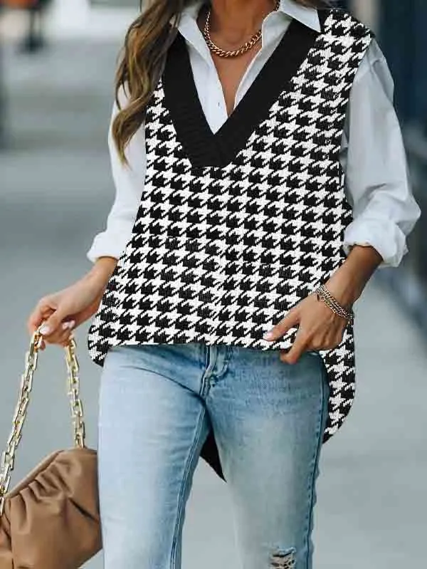 Women's V Neck Knitted Plaid Oversized Houndstooth Sweater Vest