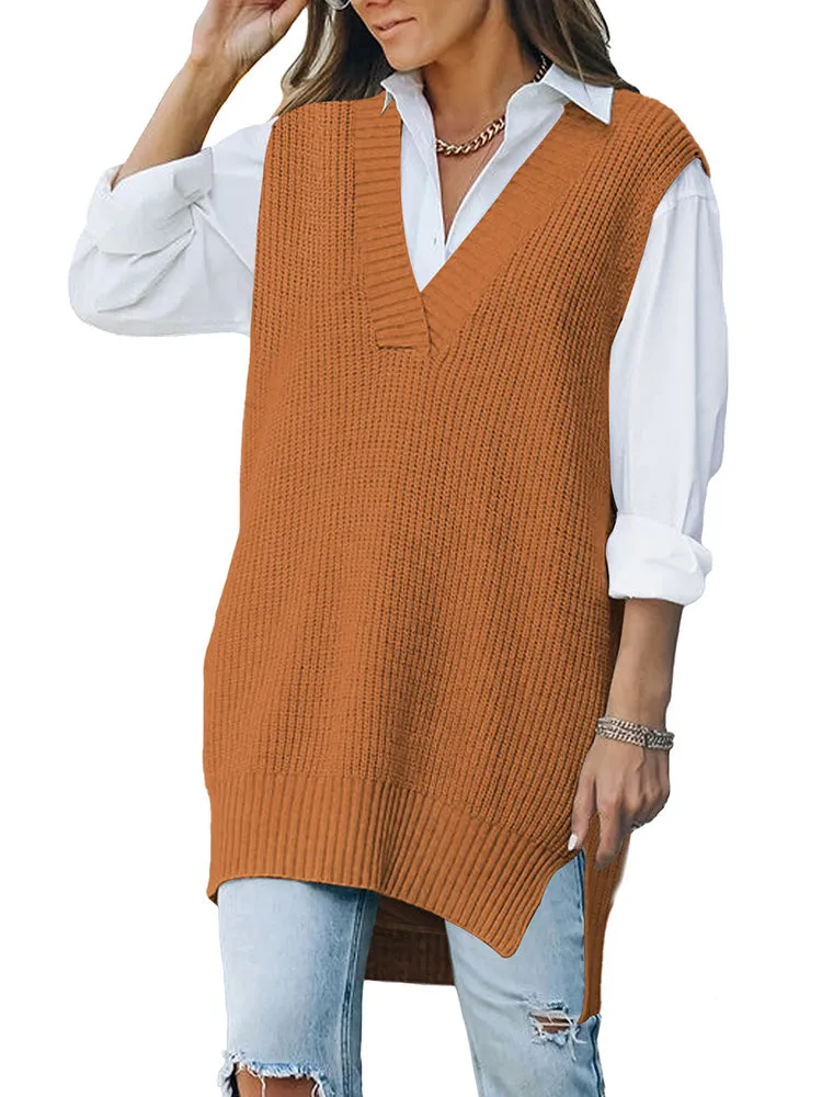 Women's V Neck Knitted Plaid Oversized Houndstooth Sweater Vest