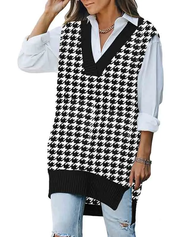 Women's V Neck Knitted Plaid Oversized Houndstooth Sweater Vest