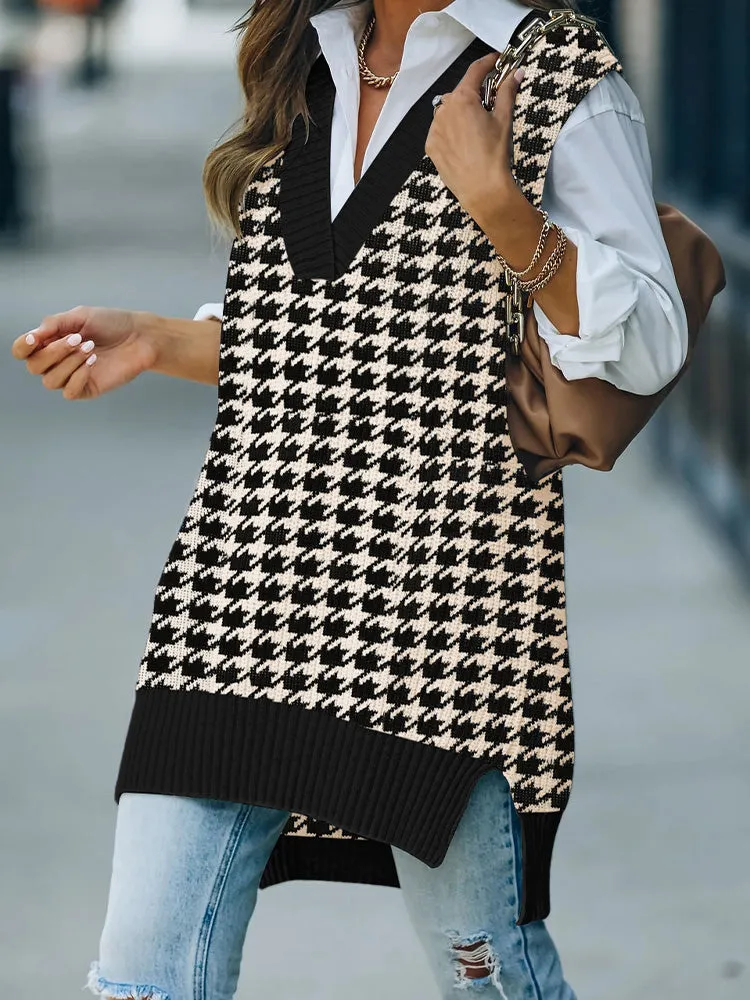 Women's V Neck Knitted Plaid Oversized Houndstooth Sweater Vest