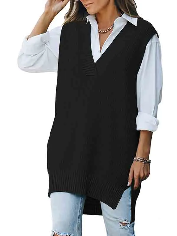 Women's V Neck Knitted Plaid Oversized Houndstooth Sweater Vest